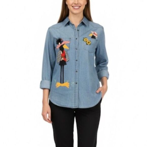 Vintage 90s Justin Allen Blue Crow Sunflower Appliqué Novelty Denim Shirt Size M - Picture 1 of 12